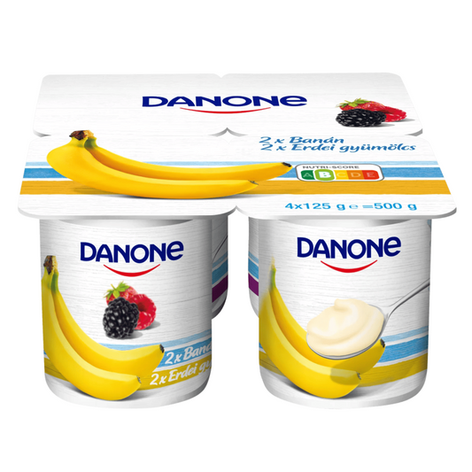 Danone banánízű és erdei gyümölcsízű élőflórás zsírszegény joghurt 4 x 125 g